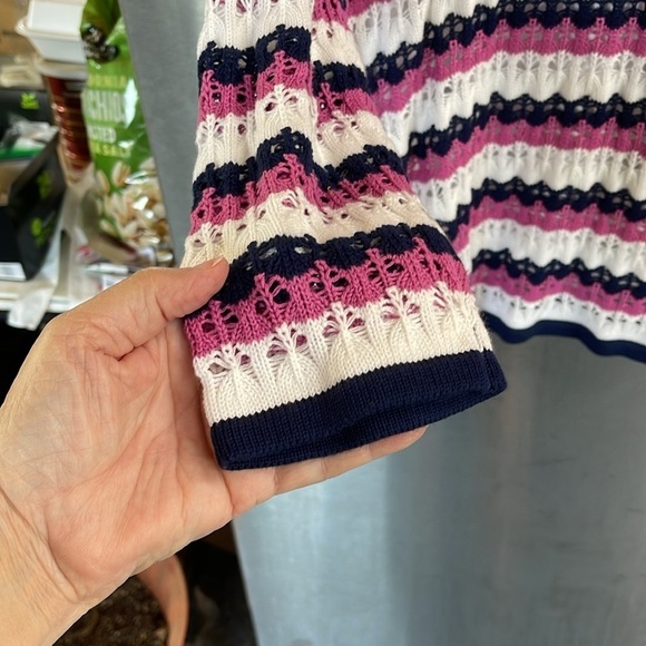 Alfred Dunner Crochet Striped raspberry blue & white open Cardigan Long Sleeve M - Picture 9 of 14